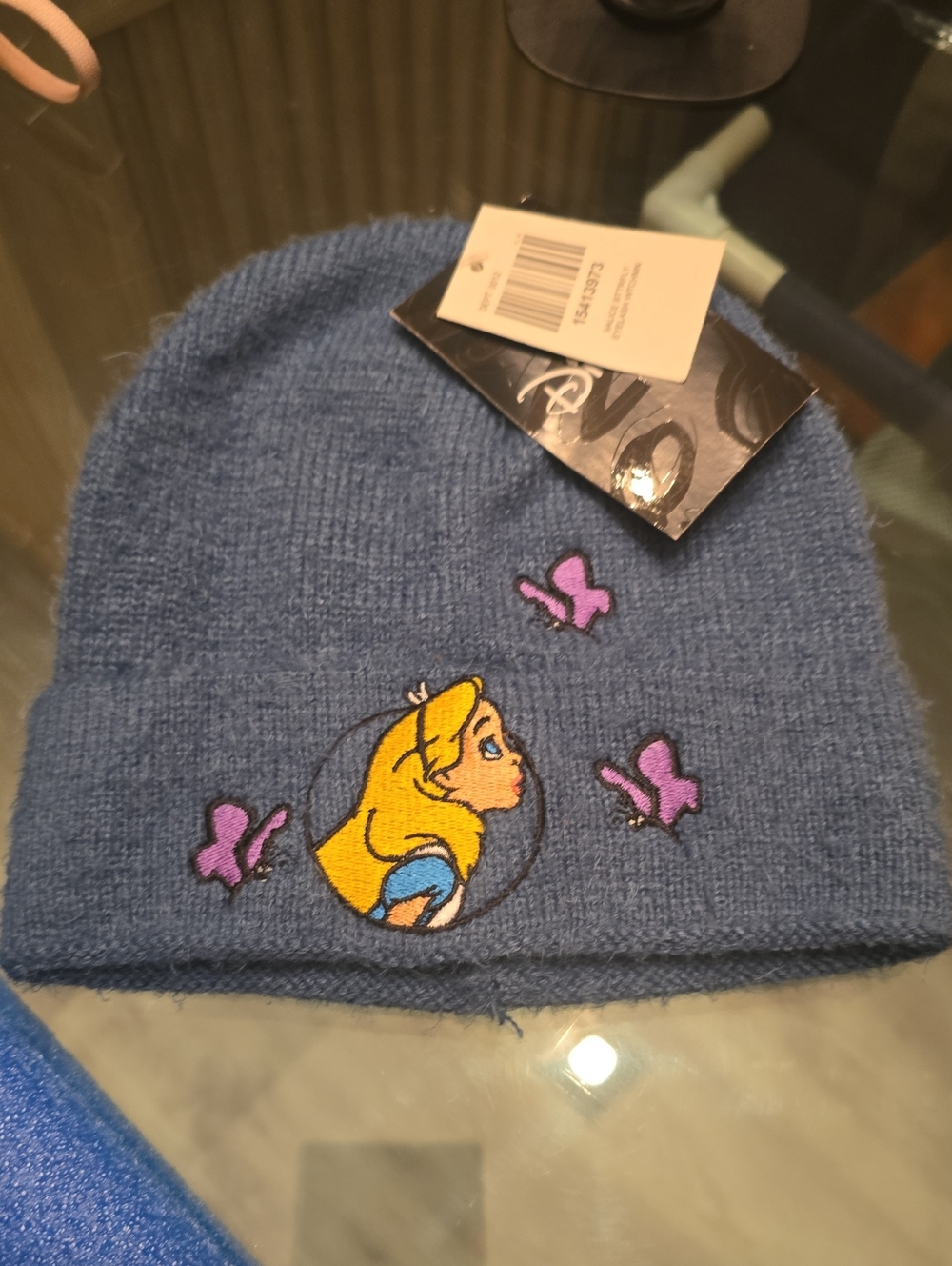 Disney Blue Knit Beanie with Yellow Character and Pink Butterflies
